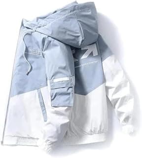 Men's Color Block Hooded Jacket Lightweight Polyester Windcheater Streetwear Zipper Jacket for Winter