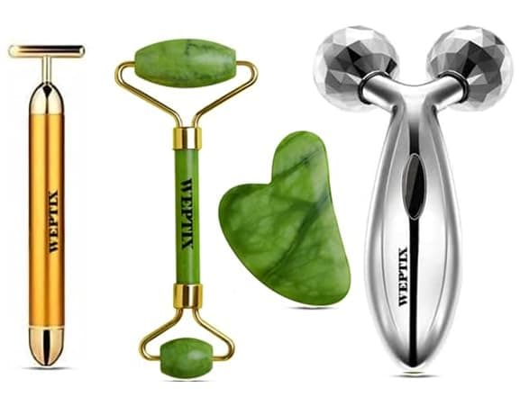 WEPTIX® 3D Manual Roller Face Body Massager With And Anti Aging 100% Natural Jade Stone Roller Msagger With Gua Sha Tools for Face and Body Massager- (3D+ Stone+t-shap)