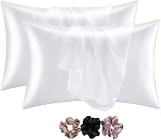 Go well Satin Silk Pillow Covers Pack of 2 for Hair and Skin-with Satin Scrunchies for Women Stylish|Satin Pillow Cover for Hair and Skin|scrunchies for Women 3-Piece|Silk Pillow case(White) 600TC