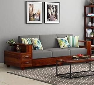 Solid Sheesham Wood Sofa Set 3 Seater with Attached 2 Shelf Drawers, Cushions for Living Room, Bedroom, Office, Hotel & Lounge (Honey Finish), Brown, 3-Person Sofa