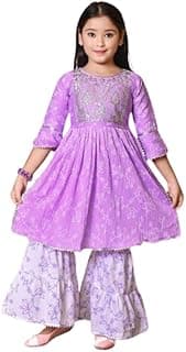 Generic Kids Ethnic Wear Cotton Floral Printed Angrakha Kurta Sharara Set For Girls