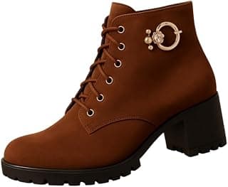 Trendy Villa ORG Women's Suede Ankle Boot, Lace-Up Block Heel, Gold Ring Buckle Detail, Platform Sole