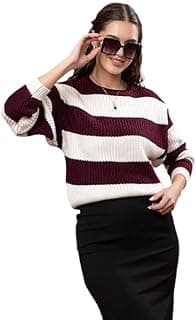 Wear lusso Women’s 100% Wool Color Block Stripe Full Sleeve Round Neck Pullover Sweater | Winter Season Fashion