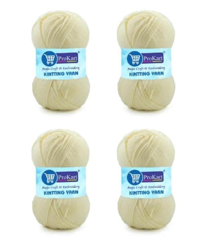 ProKart Premium 4 Ply Wool Yarn, Soft Knitting & Crochet Yarn for Sweaters, Scarves, Hats, Baby Clothes, Purses, Gift Bags and DIY Craft Projects. Cream/Off-White Color, 100g x 4 Balls.