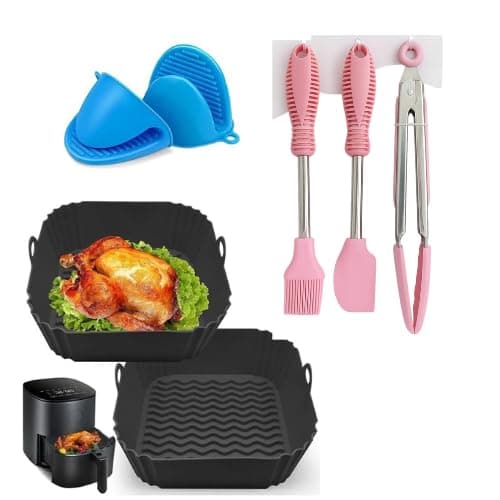 Square Air Fryer Accessories Kit with Silicone Liners & Baking Pan – Non-Stick, Dishwasher Safe, Universal Fit | Universal Square Air Fryer Accessories Combo Set