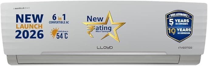 Lloyd 1.5 Ton 5 Star Inverter Split AC, 2026 New Star Rated (6 in 1 Convertible, Cools Up To 54°C, DG Mode, Ice Clean, Smart 4 Way Swing, Turbo Cool, Installation Check, White, GLS18I5AGGGW)