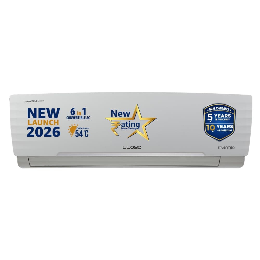 Lloyd 1 Ton 3 Star Inverter Split AC, 2026 New Star Rated (6 in 1 Convertible, Cools Up To 54°C, DG Mode, Ice Clean, Smart 4 Way Swing, Turbo Cool, Installation Check, White, GLS12I3AGGSR)