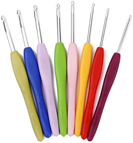 First Try 8 Size Aluminum Crochet Hooks Ergonomic Rubber Grip Knitting Needle Set 8 Sizes Gift for DIY Weave Yarn Kit (Set of 8 Pieces), Multicolor