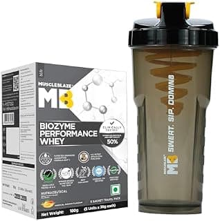 MuscleBlaze Biozyme Performance Whey Protein Powder, Magical Mango, 5 Sachets (36g each) | Travel Pack with Shaker | 25g Protein Per Sachet