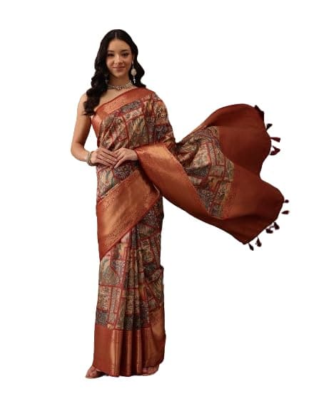 Amazon Brand - Anarva Women's Kanjeevaram Pattu Zari Woven Border Digital Printed Kalamkari Floral Saree (SZ-DGNAVI-2158_Color_multicolor_Saree Length_5.5 Meter_Blouse Length_0.8 Meter)