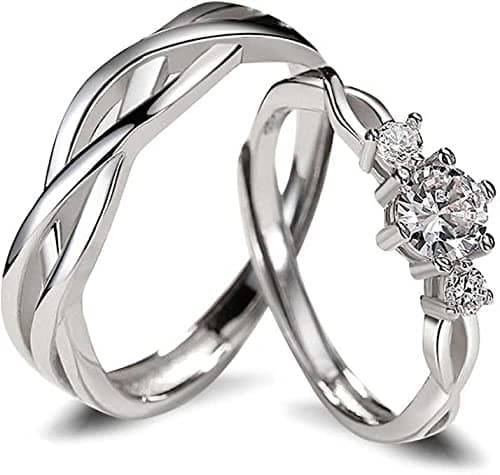 MEENAZ CZ Valentine American diamond Adjustable Heart Love Ring Combo set Platinum Silver propose AD Couples 2 Finger Rings for girls women Couple girlfriend King Queen Gf BF lovers men boys