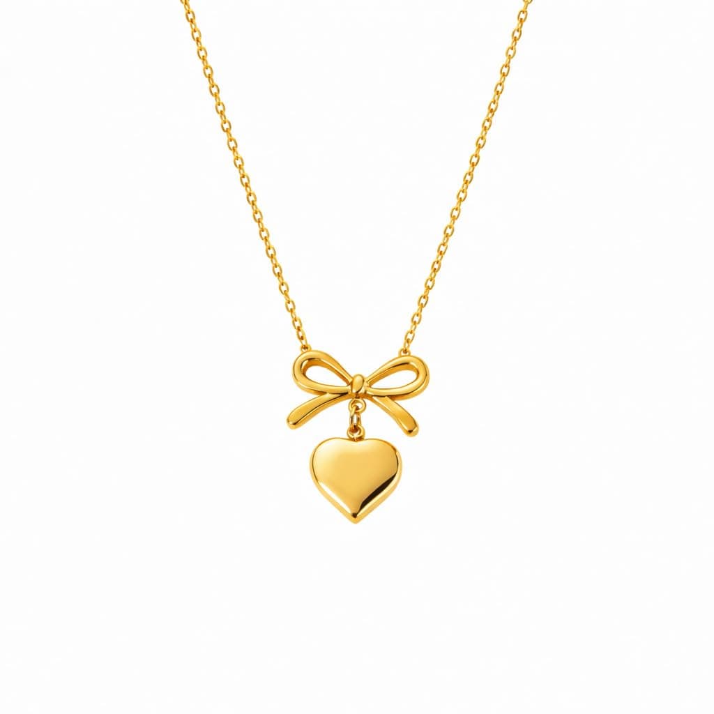 MEENAZ Jewellery Gold Bow Heart Love Pendant Necklace for Women | Adjustable Chain | Stylish Ribbon & Heart Locket Jewellery for Girls | Anti Tarnish Necklace | Valentine Gift for Woman Girlfriend 245
