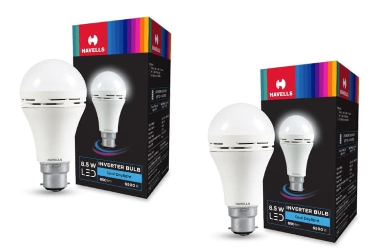 HAVELLS 8.5w LED Emergency Bulb | Shatter Resistant |Cool Day White (6500K) | B22 LED Bulb Base | Inverter Bulb for home,4 Hours battery back up| Li-ion Battery | Over charging Protection (PACK OF 2)