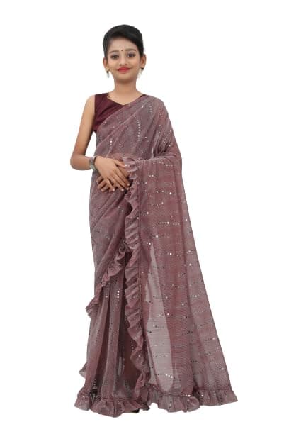 Xavima Kids Fancy Jari Tikli Work Ready to Wear Saree with Unstitched Blouse Piece, Designer Pre Draped Saree for Girls, Traditional Ethnic Outfit, ocassion Wear Saree for Wedding, Festival & Events