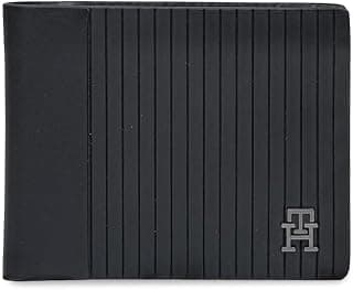 Tommy Hilfiger Men's Leather Wallet Woodlawn | Black-On-Black Pallete Textured Slimfold Bi-Fold with 8 Card Slots | Stylish Purse for Gents