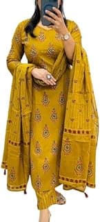 Women's Mustard Yellow Embroidered Cotton Palazzo Suit Set with Dupatta, Traditional Ethnic Wear