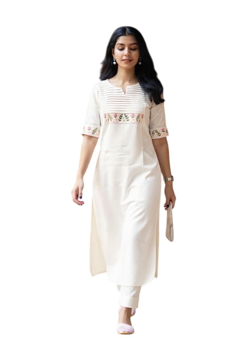 eightone Women's White Cotton Straight Kurti with Floral Embroidery, Pin-Tuck Yoke, Casual Ethnic Wear