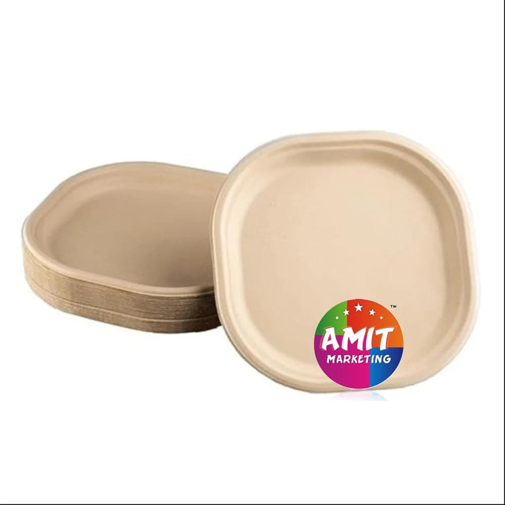 Amit Marketing Square Bagasse Disposable Food Plates - 10 Inch | Eco-Friendly Compostable Biodegradable Sugarcane Heavy Duty Serving Meal Tray | for Party, Restaurants & Takeaway | 25 Pcs, Beige