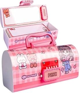 Plastic Pen & Pencil Box - Suitcase Style Password Lock Case, Multi-Layer Stationary Organizer for Kids, Boys, Girls, Return Gift (Pink-Beuty)
