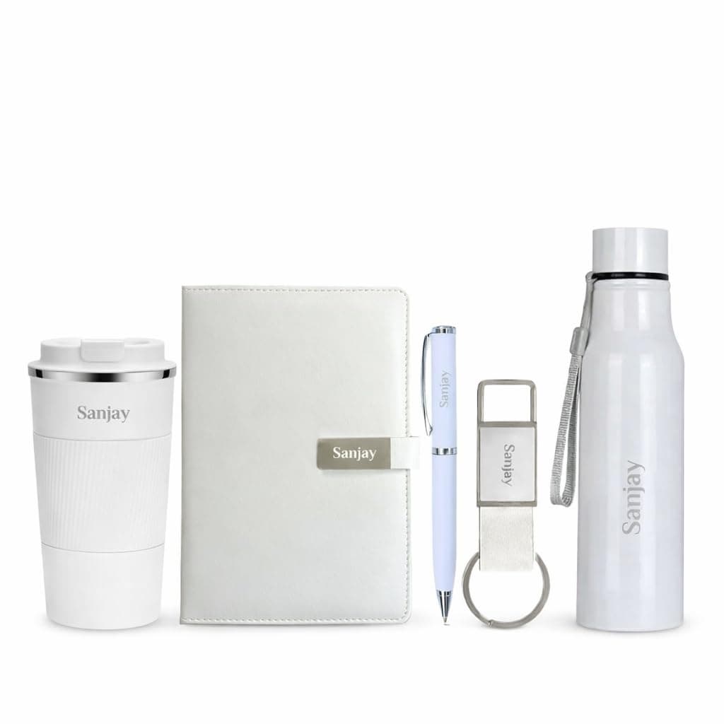 Giftana Personalized Notebook Diary, Water Bottle, Tumbler 510ml, Keychain with Pen Gift Set, 5 in 1 Personalized Gifting Items for Husband, Father, New Year Corporate Gifts for Employee (White)