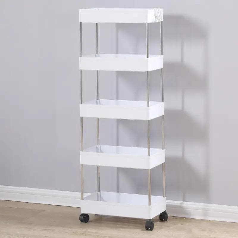 PULSBERY 5 Layer Kitchen Trolley Organizer with 5 Shelves, White, Modern Style, Plastic Vegetable Trolley Rack for Kitchen Storage