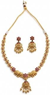 Traditional Antique Matte Gold Plated Temple Jewelry Necklace and Earring Set featuring Goddess Lakshmi and Motifs adorned with Ruby and Green Stones for Women | Ethnic Bridal necklace set | Treditional Laxmi Jewellery