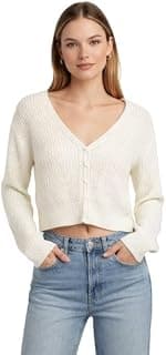 NOBARR Women's Knitted Crop Cardigan Sweater | 100% Acrylic | V-Neck | Button Front | Full Sleeves | White