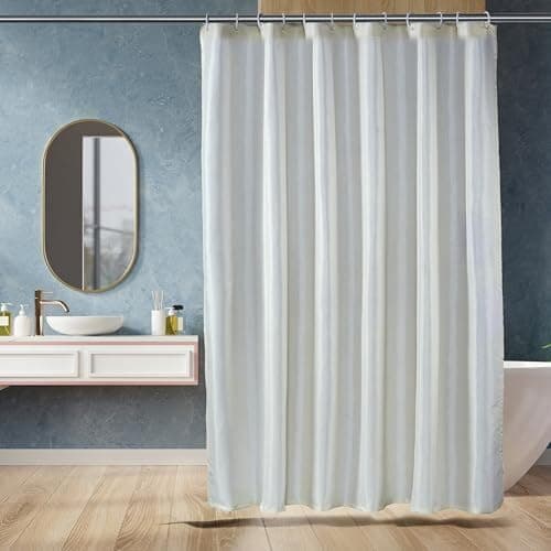 Amazon Basics Shower Curtain 7 Feet | Waterproof Bathroom Curtain | PVC-Free, No Plastic Smell | Machine Washable Fabric | Off-White | 6ft Wide | 12 Hooks -180 CM X 210 CM