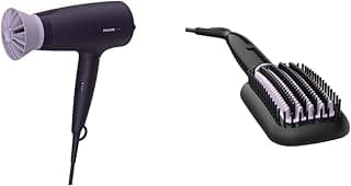 PHILIPS BHD318/00 1600 Watts Hair Dryer, Thermoprotect AirFlower Advanced Ionic Care 3 Heat Settings Purple and BHH880/10 50 Watts Hair Straightening Brush with Keratin Infused Bristles Black