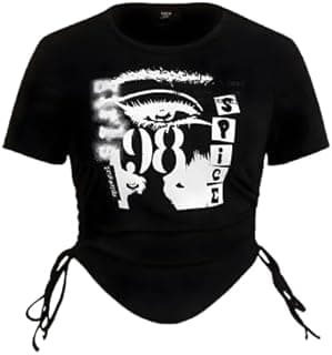 Teixeira Womens Black Graphic Ruched Crop Top Slim Fit Drawstring Side Tshirt Y2K Aesthetic Printed Crop Tee for Girls Colour Black