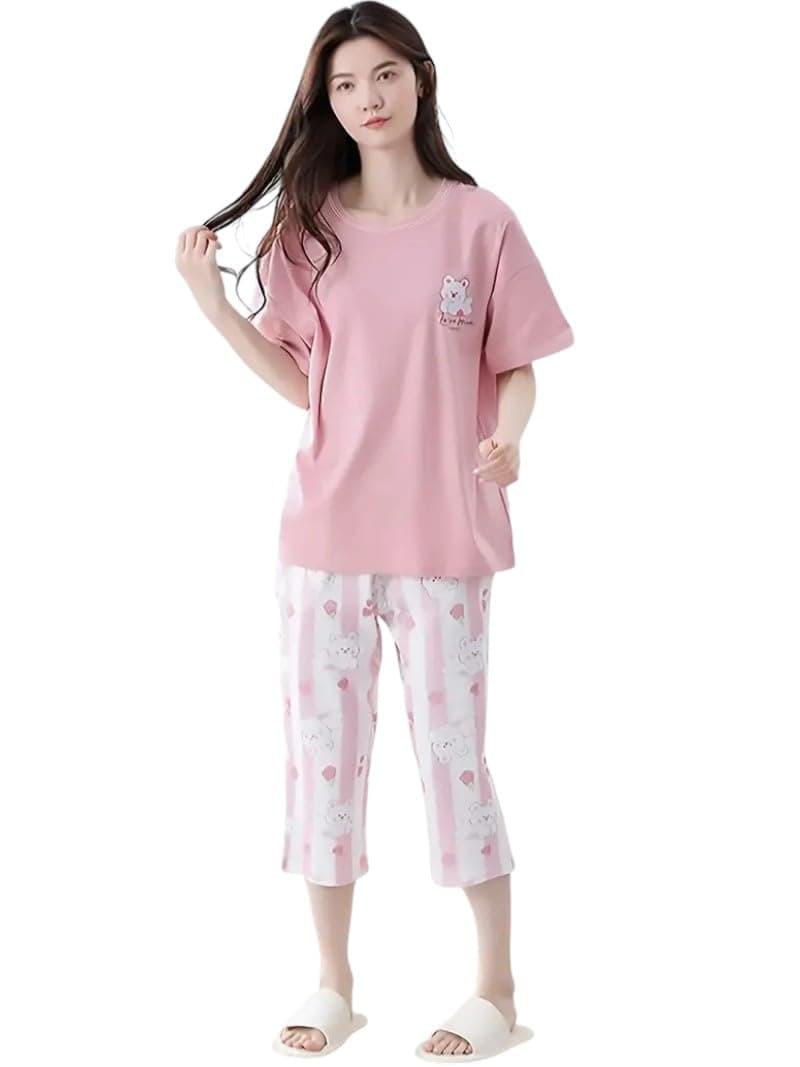 GLASGO Women’s Cotton Pajama Set with Top & Capri Pants|| Korean Night Wear|| Loose Fit Home Wear || Lightweight Printed Pyjama Set || Soft & Comfy Sleepwear for Girls & Women||CAPRI-1-$