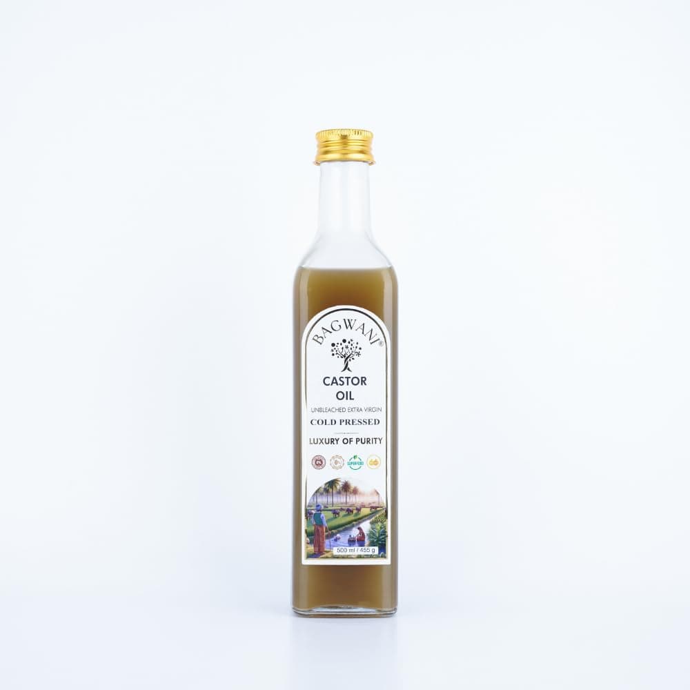 Bagwani Cold Pressed Unbleached Castor Oil For Hair Growth - Glass Bottle 500ml, 100% Natural Haxene-Free Arandi Oil for Skin, Nails, Joint Pain Relief & Constipation | Extra Virgin & IP Grade Certified
