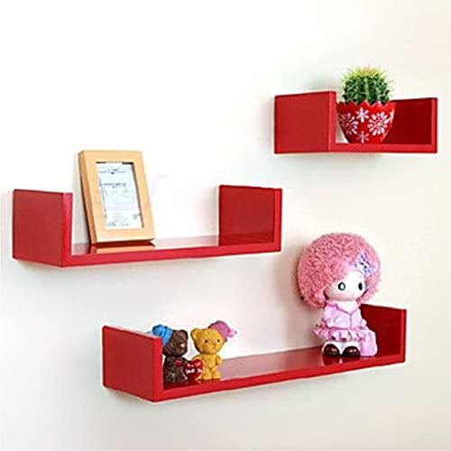 Dime Arts Shoppee Wall Mounted Book Shelf Easy Mounted U Shaped Floating Wall Shelf (Red)