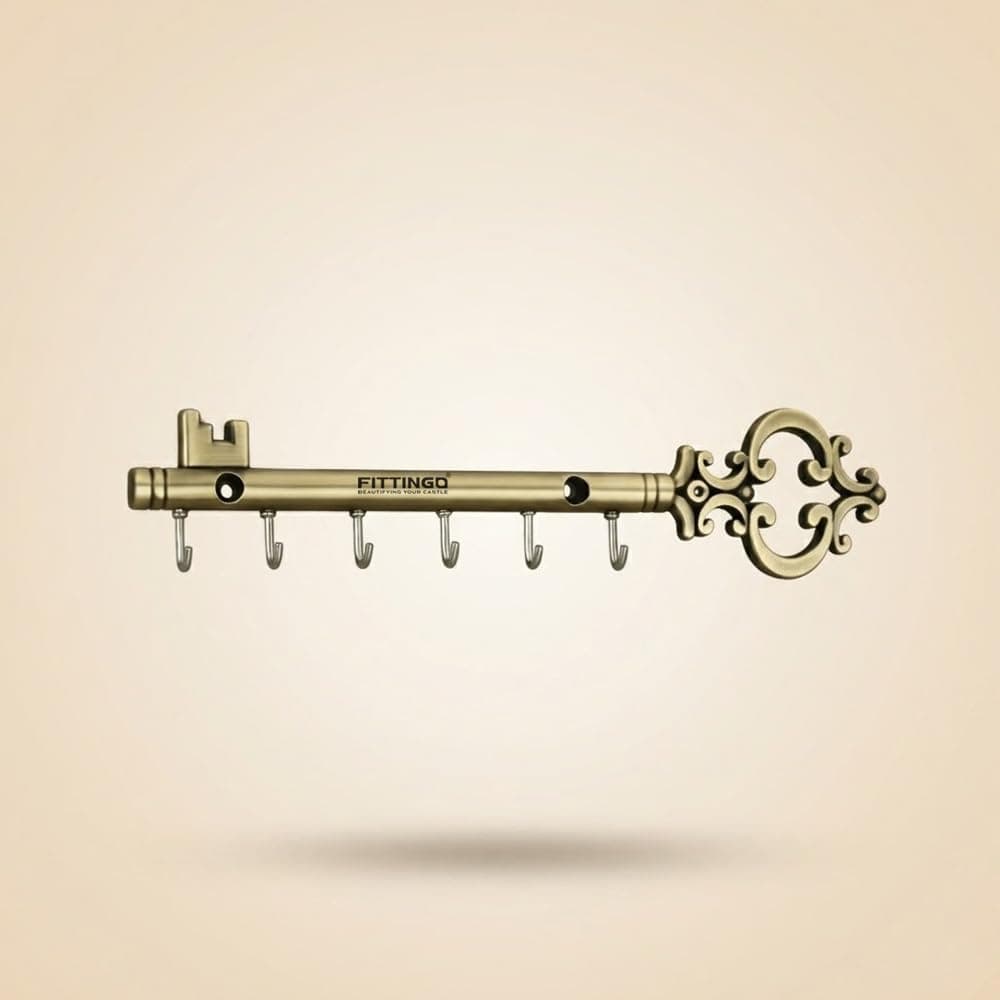 FITTINGO Royal Chavi Key Holder for Wall, Brass Antique Chabi Shape Key Stand with 6 Hooks, Metal Wall Mount Key Hanger, Decorative Key Rack for Home Entrance Living Room, Housewarming Gift 23x5 cm