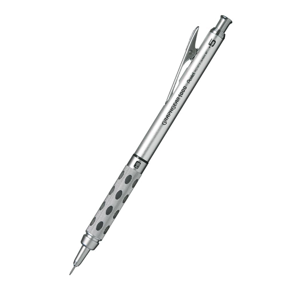 Pentel GraphGear 1000 0.5 Mm Mechanical Drafting Pencil (PG1015) Metal Clip With Retractable Mechanism Dual Metal & Rubber Grip Pack Of 1 Silver & Black