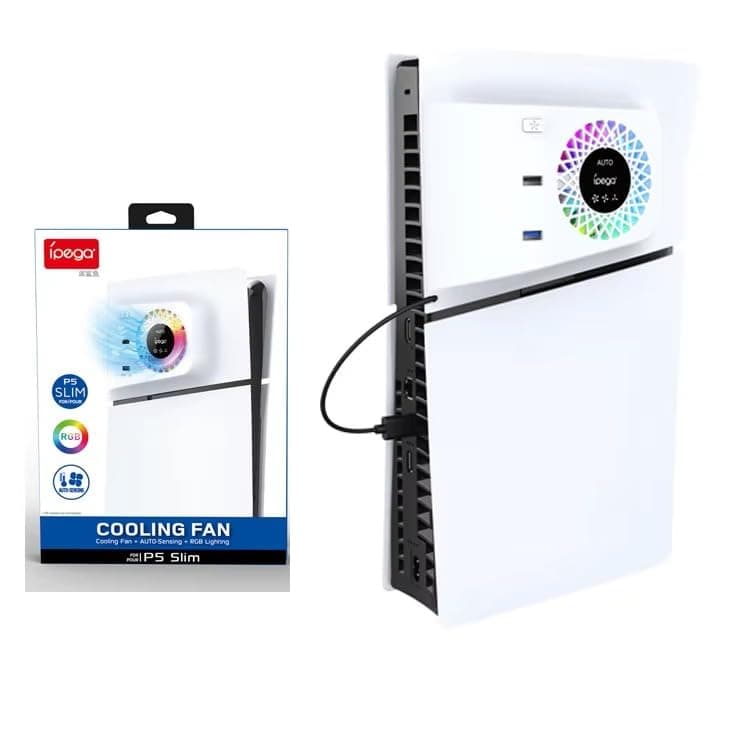 New World RGB Cooling Fan with Plate Cover for PS5 Slim Digital/Disc, Cooling fan for PS5 Slim with Auto Speed Adjustable by Temperature Sensor, USB3.0 Hub, Cooler fan for PS5 Slim Console