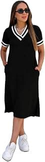 Women's V-Neck Sporty T-Shirt Dress | Stylish Striped Sleeve One Piece for Women | Casual Summer Knee Length Short Dress | Trendy Beach & Resort Wear Western Dress (26 D-1-3)