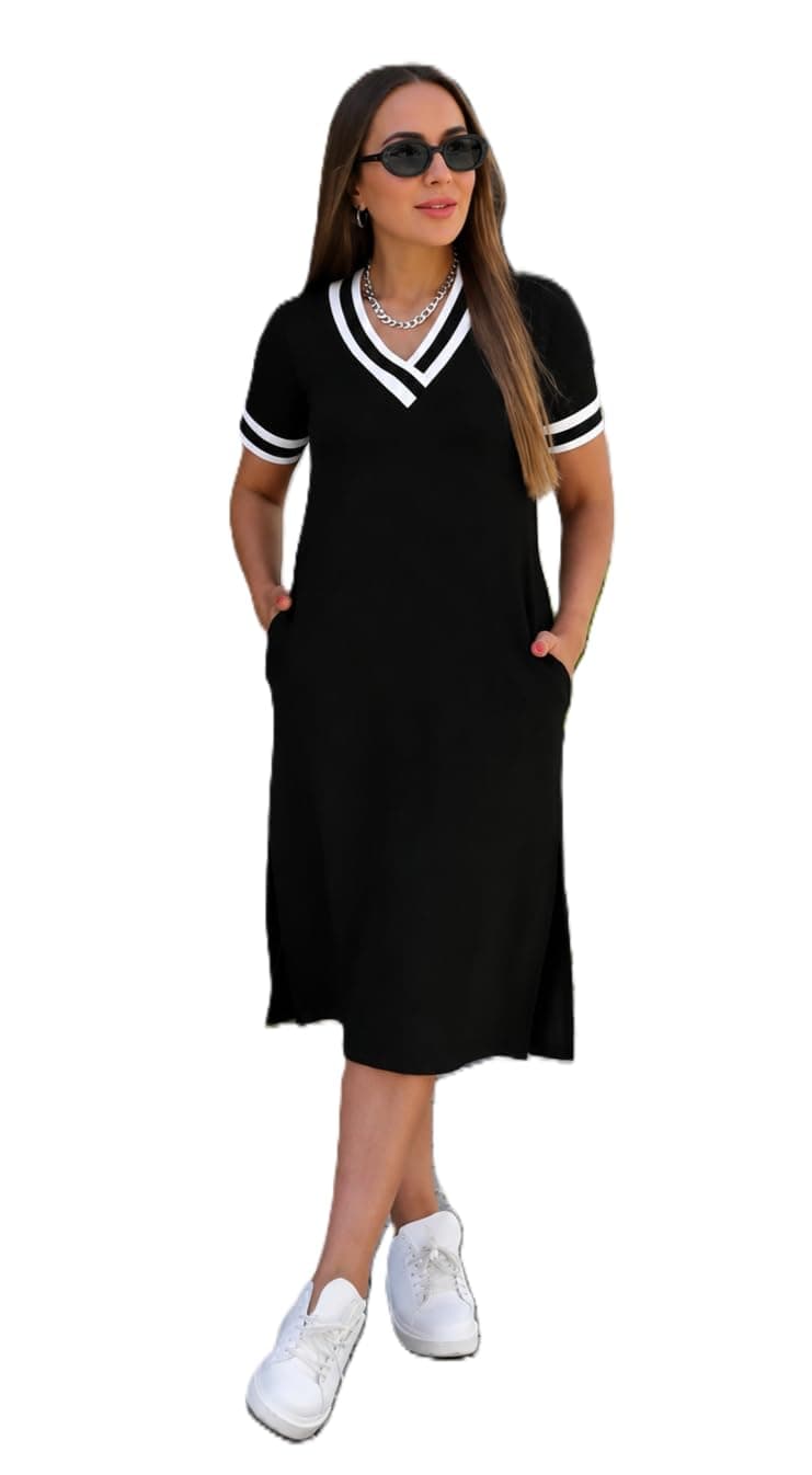 Zurity Women's V-Neck Sporty T-Shirt Dress | Stylish Striped Sleeve One Piece for Women | Casual Summer Knee Length Short Dress | Trendy Beach & Resort Wear Western Dress (26 D-1-3)