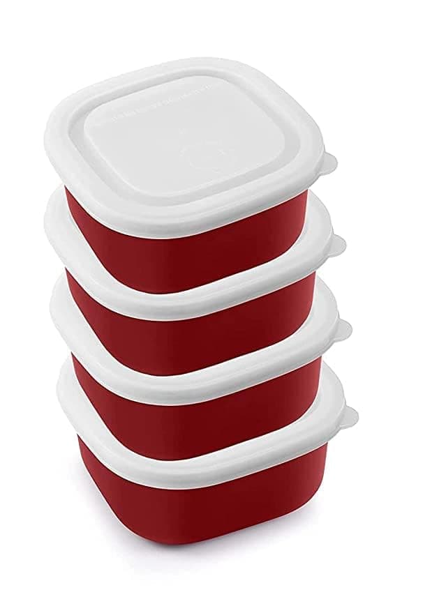 VAGMI Microwave Safe Stainless Steel Air Tight & Leak Proof Lunch Boxes/Storage Containers with Lids for Kitchen/Office/School - Pack of 4 - Each 400 ML Steel (Red)