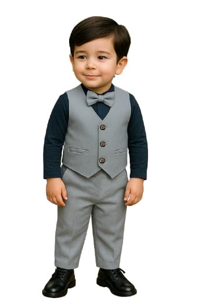 Ninas Baby Boys and Girls Solid Cotton Blend Blazer Style T Shirt and Pant Set with Bow Tie Toddlers for Kids (Grey & Blue)