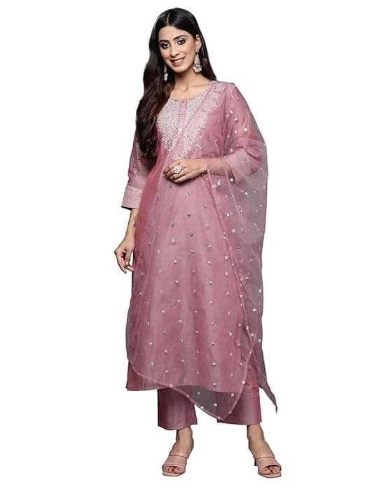 Varanga Women Mauve Silk Thread Embroidered Kurta Set with Dupatta – Elegant & Sophisticated Ethnic Wear