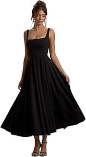 TRAQUILA Women’s Fit and Flare Midi Dress | Soft Stretchable Lycra with Square-Neck, Open Back | Casually wear