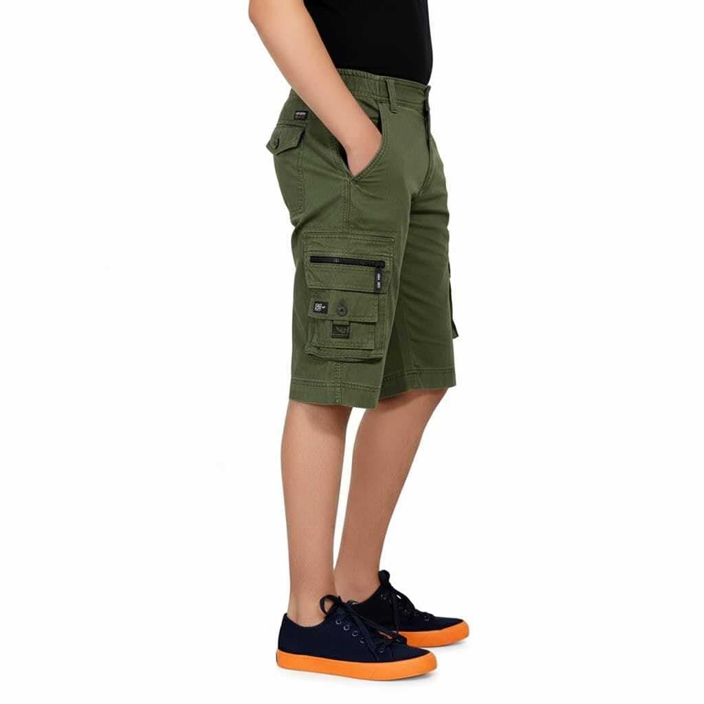 AERO CRAFT Green Cargo Shorts with 8 Pockets, 2 Pockets with Zip Lock