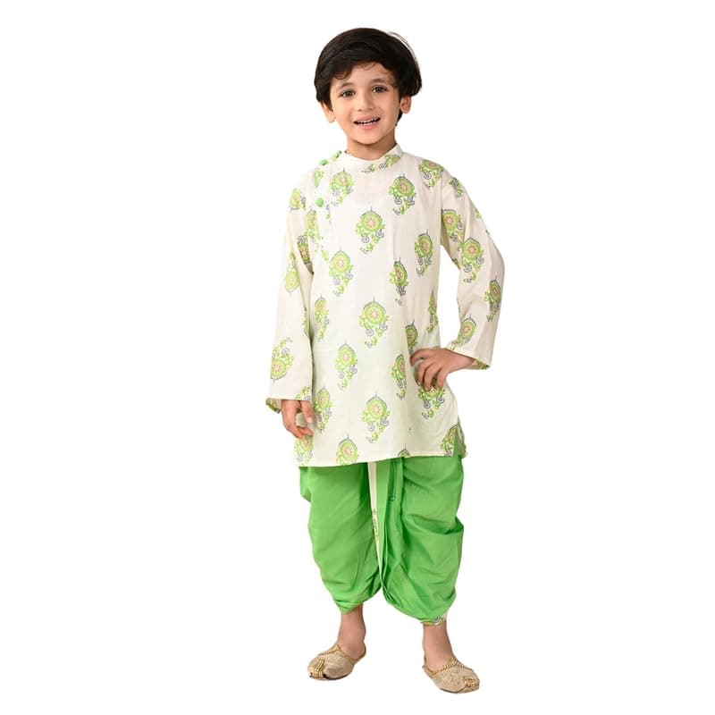 superminis Boy's Cotton Printed Side Open Full Sleeves Sanganeri Print Kurta With Matching Patti Dhoti Set