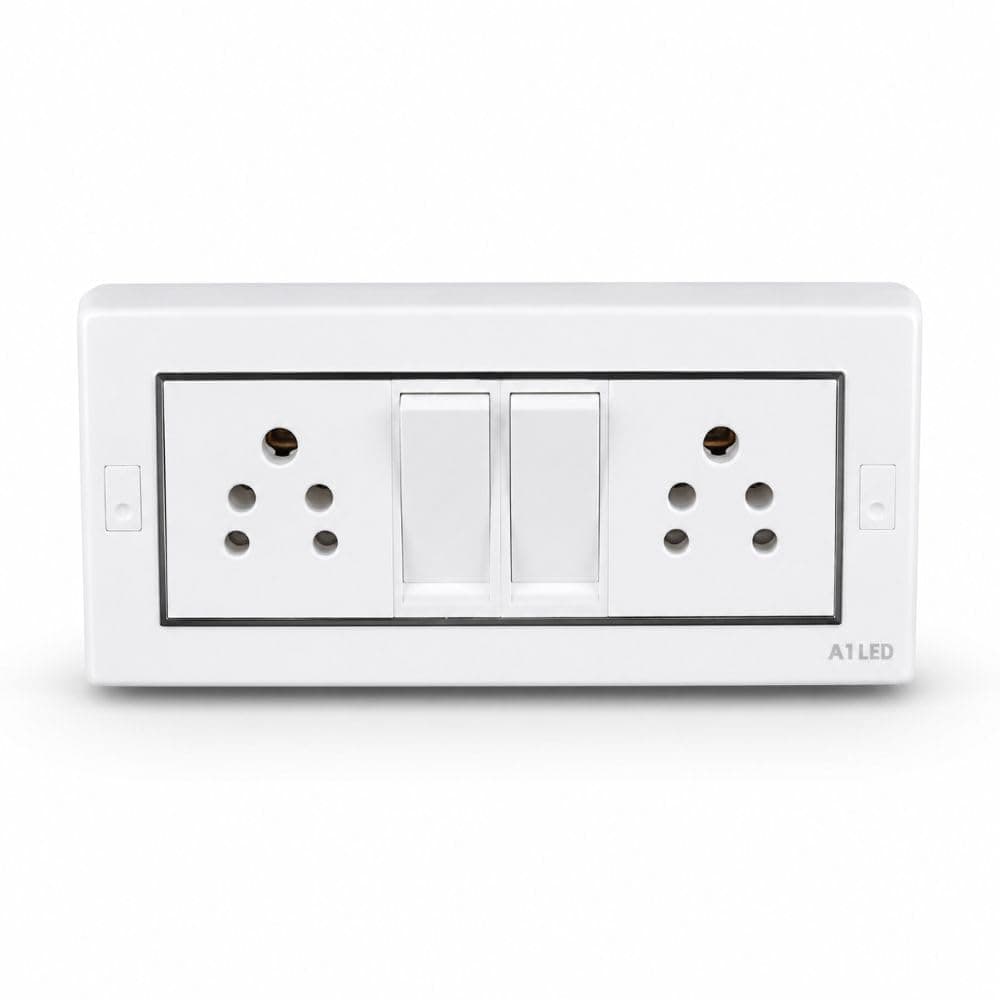 A1 LED 6 Modular Wall Mounted Switch Board, Premium Silver Finish | 2 Flat 10A Switches, 2 Universal 6A Sockets, Safe & Durable, For Home, Office & Shop Use