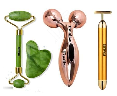 Finalize 3D Manual Roller Face Body Massager With And Anti Aging 100% Natural Jade Stone Roller Msagger With Gua Sha Tools for Face and Body Massager (Gold3D+Stone+T shap)