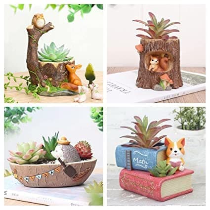 Vikarafty Resin Pot Pack of 4 Owl Tree Puppy with Book Boat Tree Shape Resin Pot Design Resin Succulent Pots Resin Planter Succulent Pot Succulent Indoor and Outdoor Pot Multicolor