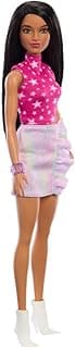 Barbie Fashionistas Doll #215 with Black Straight Hair, Pink Star-Print Top & Iridescent Skirt, 65th Anniversary Collectible Fashion Doll