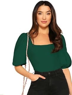 Dream Beauty Fashion Women's Bishop Puff Sleeves Square Neck Slim Top Polyester Blend (BZF-Top-Eva)