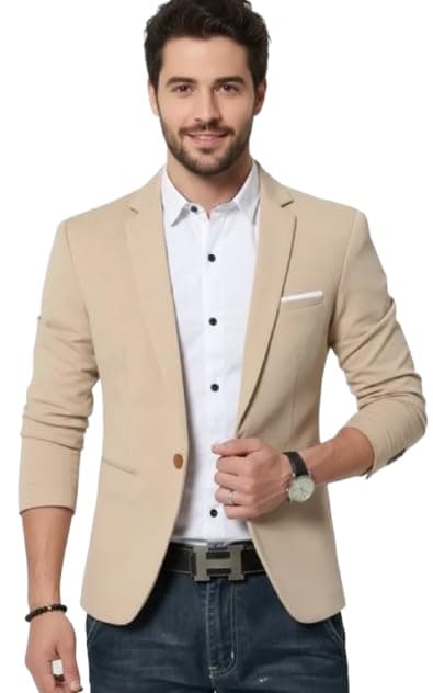 Darbar In Men's Beige Blazer, Single Button, Slim Fit, Formal Casual Blazer/ Jacket
